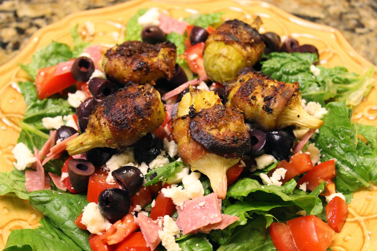Front Range Fork And Cork Antipasto Salad with Bacon Wrapped Artichoke